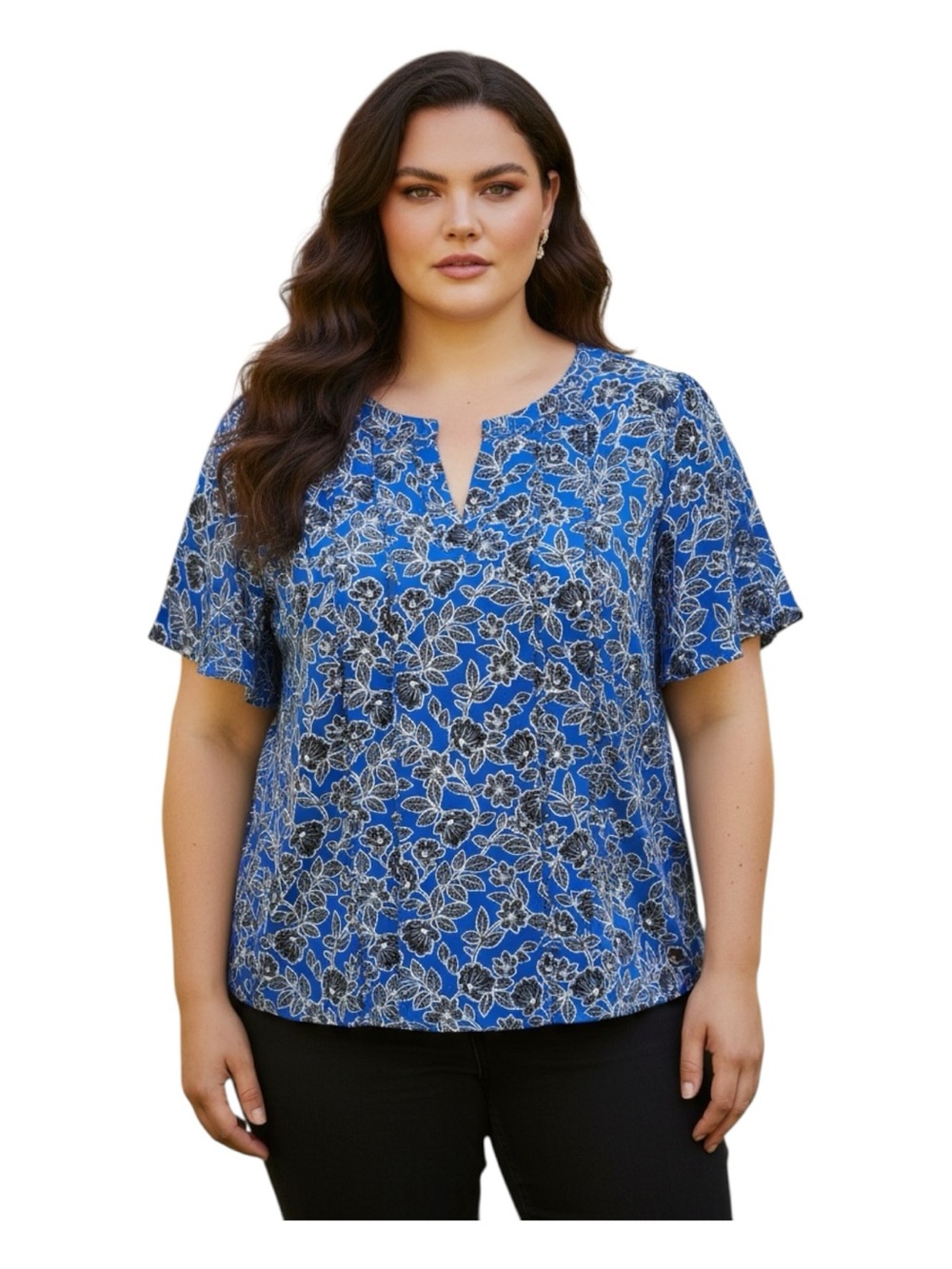 Liz Claiborne Blue Floral Split-Neck Blouse